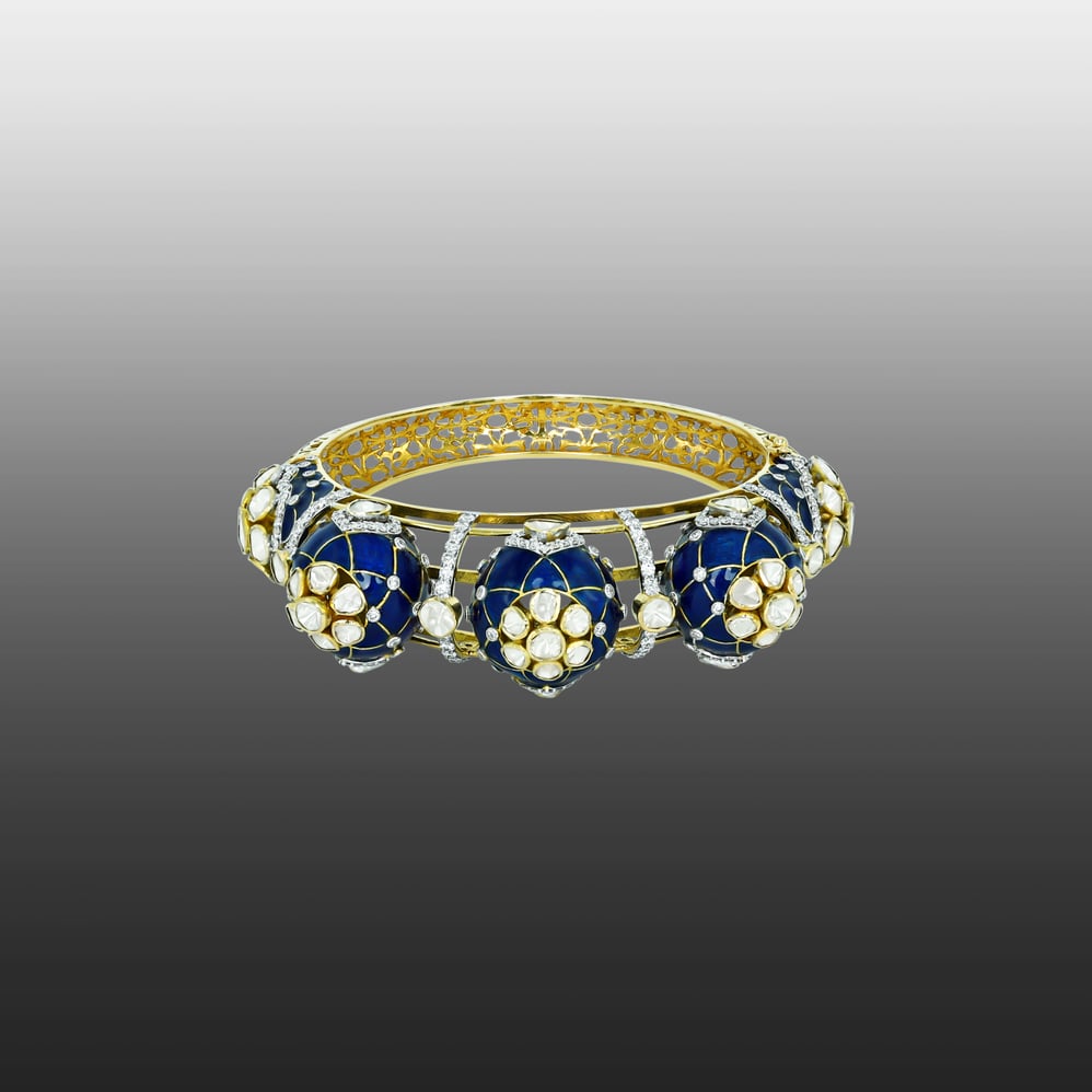 Dome Polki Bangle with Deep Blue Enamel and Lattice Sides
